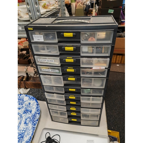 476 - Plastic Stanley Storage Box Full Of Watch And Clock Spares And Others