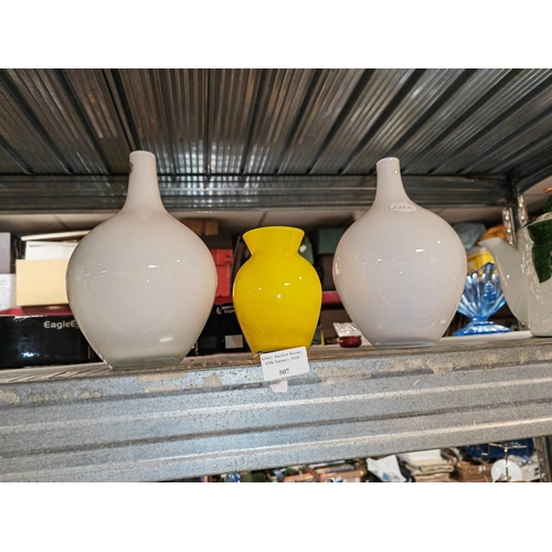 507 - 2 White Glass Vases Plus A Yellow Vase