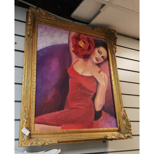 543 - Large Gilt Framed Print Of A Lady In Red Dress