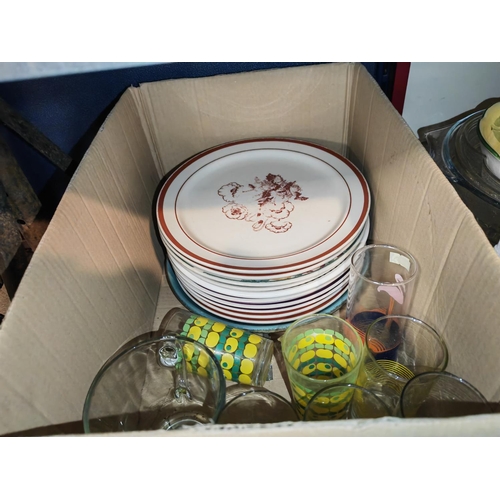 611 - Box Of 11 Plates, 6 Glasses Plus One Jug, Selection Of Glass And China Bowls