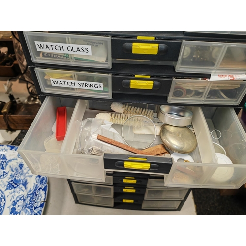 476 - Plastic Stanley Storage Box Full Of Watch And Clock Spares And Others