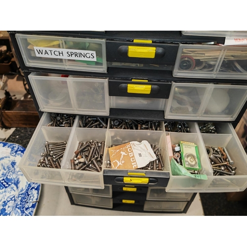 476 - Plastic Stanley Storage Box Full Of Watch And Clock Spares And Others