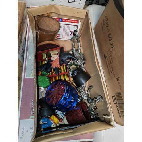 165 - Box Of Treasures & Collectables Including 3 Metal Figures And A Jigsaw Puzzle