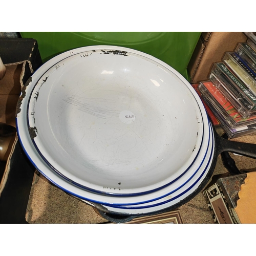 203 - Selection Of White Enamel Plates Plus A Used L'Epirure Cast Iron Frying Pan