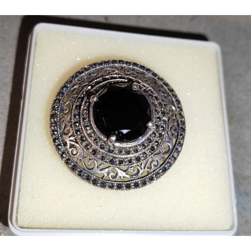 393 - Vintage Large Silver 925 Brooch Marcasite, Onyx Stone
