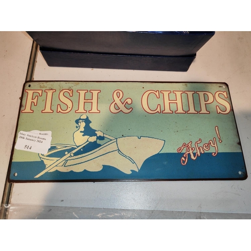 514 - Small Modern Tin Plate Sign Fish And Chips Ahoy