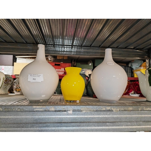 522 - 2 White Glass Vases Plus A Yellow Vase