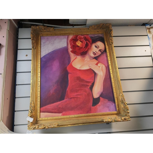 558 - Large Gilt Framed Print Of A Lady In Red Dress