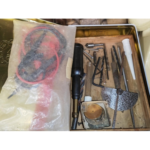 169 - Tin Of Tools And Wooden Handles Etc