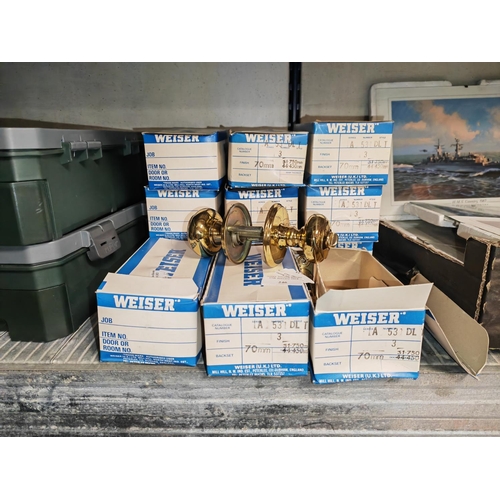 246 - Box Of 12 Weiser Lockable Door Handles Brass Finish New Old Stock