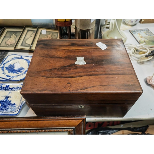 436 - Stationary Oak Box With Mother Of Pearl Inlay To Top And Comes With 2 Glass Inkwells