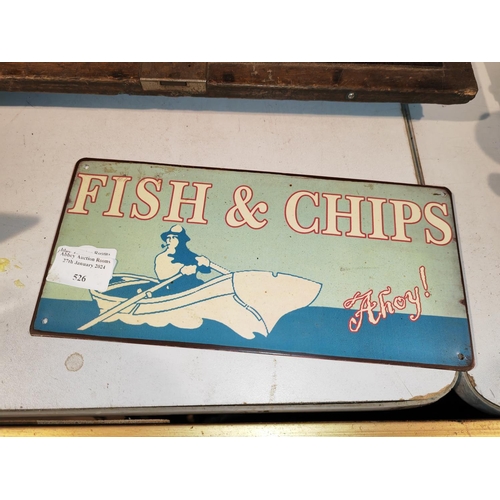 526 - Small Modern Tin Plate Sign Fish And Chips Ahoy