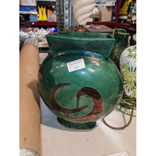 536 - Large Green Earthenware Vase With Swirl Pattern