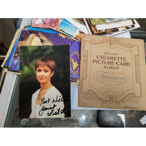 413 - Collection Of Old And Signed Postcards + Cigarette Card Book (Janet Field From Dr Who)