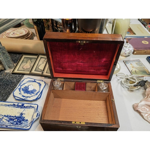 436 - Stationary Oak Box With Mother Of Pearl Inlay To Top And Comes With 2 Glass Inkwells