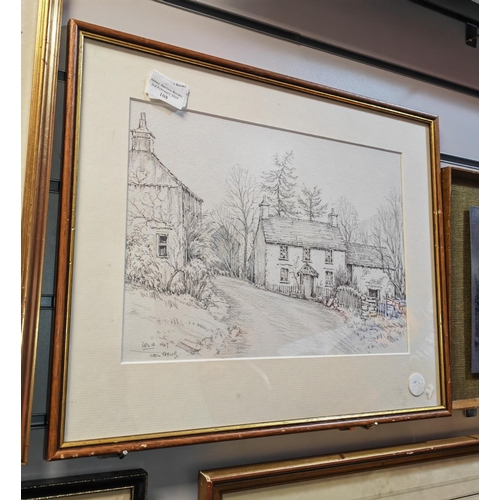 108 - Framed Signed Pencil Drawing Of Country Houses Size 46Cm X 37Cm