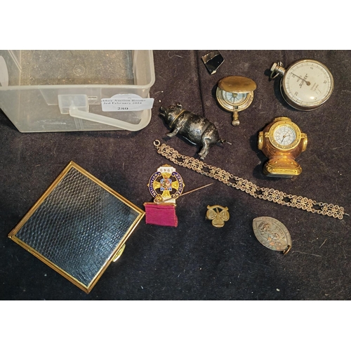 280 - Box Of Treasures Including A Nautical Miniature Clock, Vesta, Compass, Stopwatch Etc