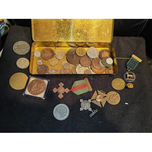 282 - Vintage Tin Of Medals And Coins