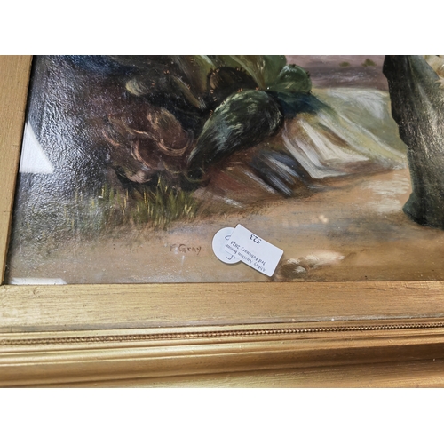 523 - Large Guilt Framed Picture Oil On Board Of A Countryside With Loving Couple Signed F.Gray Glass Has ... 