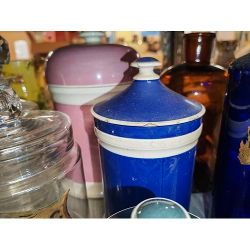 419 - 11 X Vintage Apothecary Jar + Bottles Some With Cracks And Chips And Some Stoppers Have Nibbles Arou... 