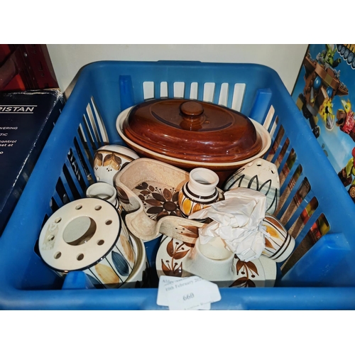 660 - Blue Crate Of Jersey & Guernsey Ware And Unused Casserole Pot