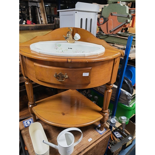 91 - Pine Effect Vanity Unit With Sink And Brass Taps