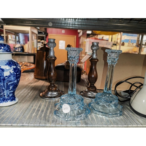 415 - 2 Pairs Of Glass And Wooden Candle Sticks