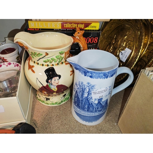 613 - John Peel Fox And The Hounds Musical Jug, Plus A Blue And White Staffordshire Water Jug