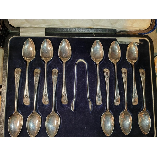 370 - Sheffield 1911 Silver 12 Spoons + Tongs Weights 214Gms