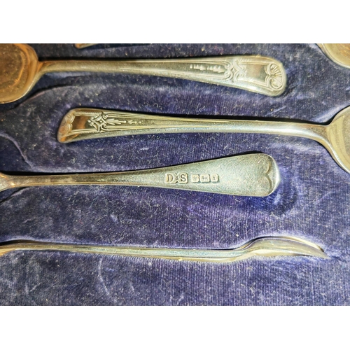 370 - Sheffield 1911 Silver 12 Spoons + Tongs Weights 214Gms