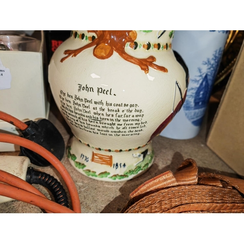 613 - John Peel Fox And The Hounds Musical Jug, Plus A Blue And White Staffordshire Water Jug