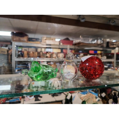323 - 3 Glass Paperweights Including A Bird And Turtle
