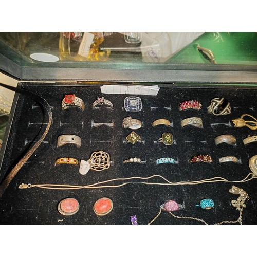 303 - Display Box Of 19 Rings Some Silver + 5 Drop Pendant & Chains + 5 Sets Earrings + 2 Pandora Style Be... 