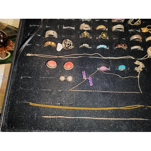 303 - Display Box Of 19 Rings Some Silver + 5 Drop Pendant & Chains + 5 Sets Earrings + 2 Pandora Style Be... 