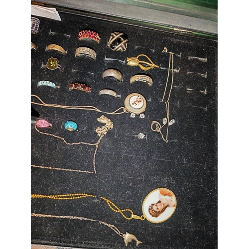 303 - Display Box Of 19 Rings Some Silver + 5 Drop Pendant & Chains + 5 Sets Earrings + 2 Pandora Style Be... 