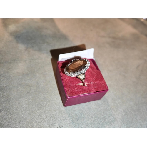 332 - Large Silver Ring Brown And Clear Stones Size R