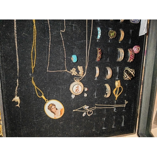 295 - Display Box Of 19 Rings Some Silver + 5 Drop Pendant & Chains + 5 Sets Earrings + 2 Pandora Style Be... 