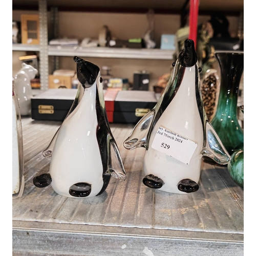 529 - 2 Small Art Glass Penguins
