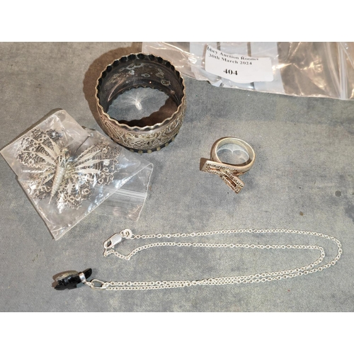 404 - Silver Plated Napkin Ring Plus A Silver  Decorative Ring And A Butterfly Brooch And A Turtle Pendant... 