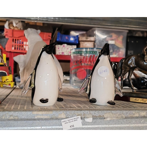 532 - 2 Art Glass Penguins