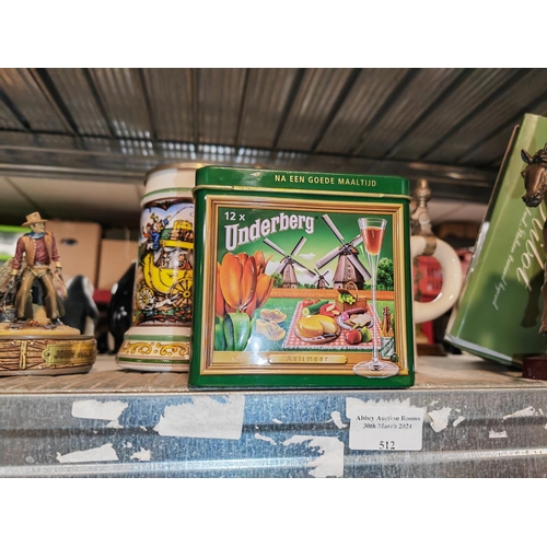 512 - 2 Vintage German Beer Stein Mugs And A Underberg Collector'S Tin