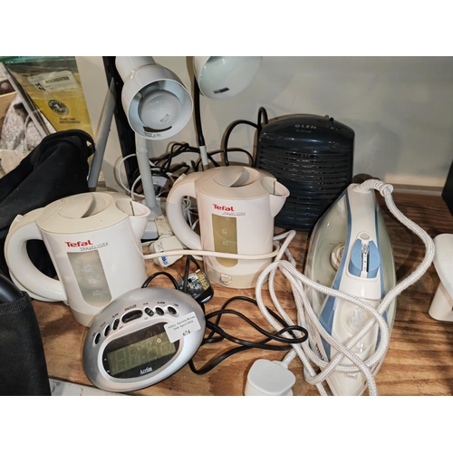 674 - Selection Of Electricals Including Iron, 2 Tefal Kettles Plus Radio Alarm