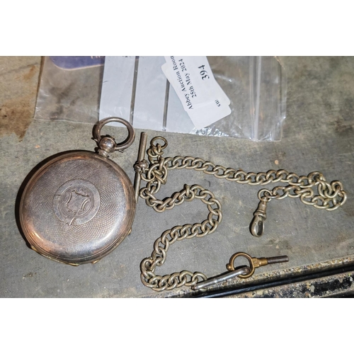 394 - Silver Pocket Watch With Fob Chain With Key And T Bar