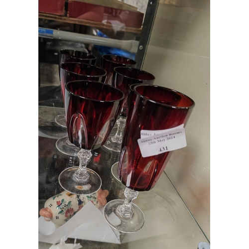 431 - 6 Red Bohemian Crystal Wine Glasses Plus A Flute