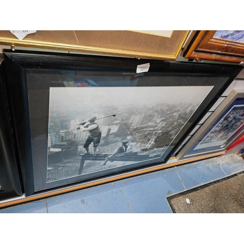 115 - Framed Steel Workers Print With Golfer On Rafters