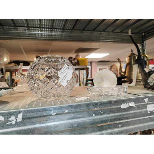 449 - Cut Glass Crystal Vase Plus A Dish And A Glass Globe Paperweight