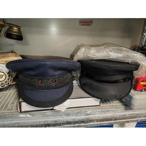 240 - London Transport Bus Peaked Cap With Badge + Pin Badge & Model Bus And 3 Other Peaked Caps Unused