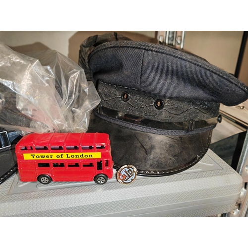 240 - London Transport Bus Peaked Cap With Badge + Pin Badge & Model Bus And 3 Other Peaked Caps Unused