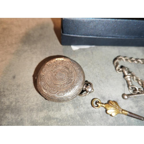 319 - Silver Ladies Enamelled Faced Pocket Watch With Fob Chain And Key And T Bar Working But Needs A Serv... 