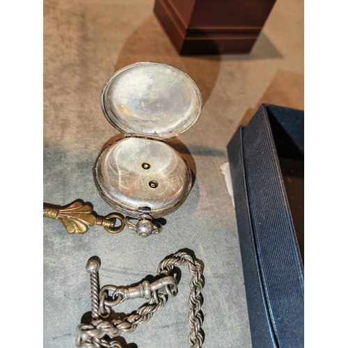 319 - Silver Ladies Enamelled Faced Pocket Watch With Fob Chain And Key And T Bar Working But Needs A Serv... 